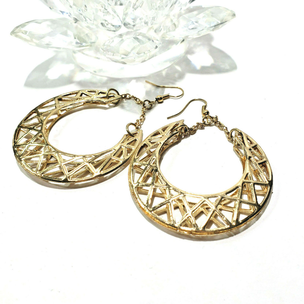 Large Gold Tone Open Work Hoop Earrings - Picture 2 of 7